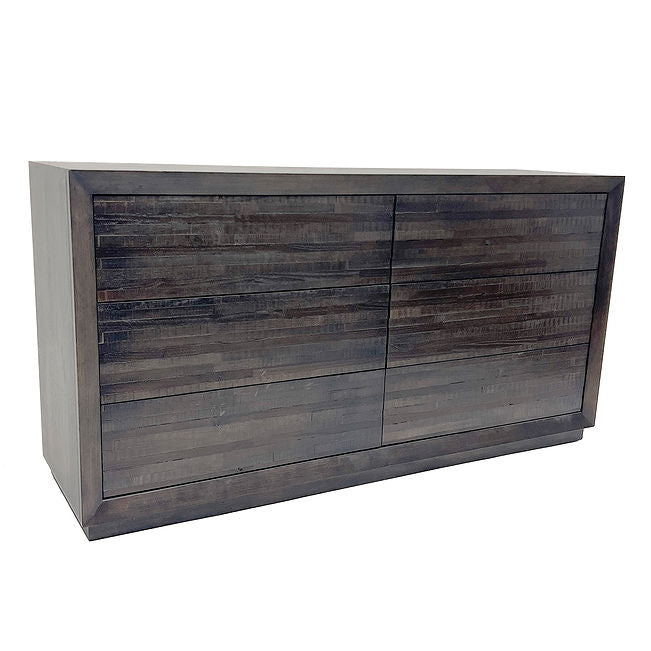 Dark wooden dresser shown at an angle, with broad drawer fronts and horizontal wood grain.
