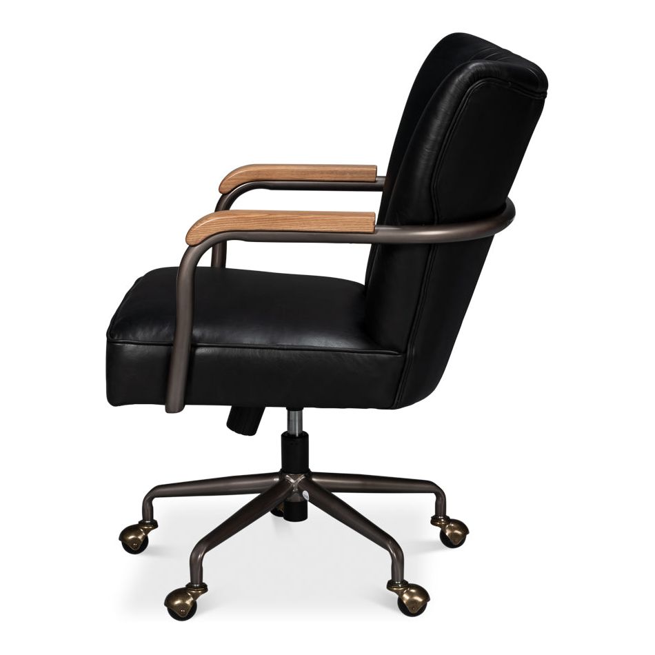 Armand Armchair side profile showing wooden arms and metal caster base
