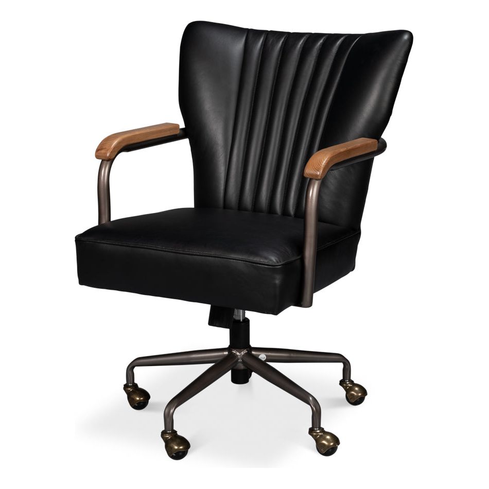 Armand Armchair in black leather, three-quarter view