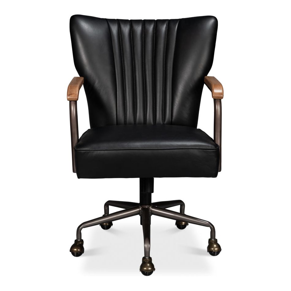 Armand Armchair in onyx black leather with wooden arms and metal caster base