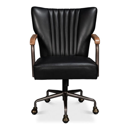 Armand Armchair in onyx black leather with wooden arms and metal caster base