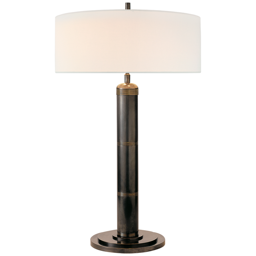 Official Visual Comfort photograph of the Longacre Tall Table Lamp in Bronze with linen shade.