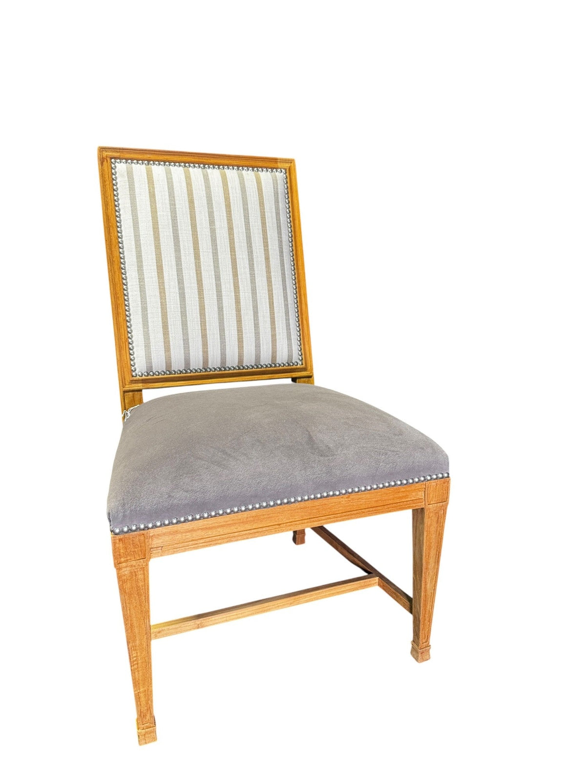 Individual chair showing striped upholstery, grey seat, nailhead trim and teak frame.
